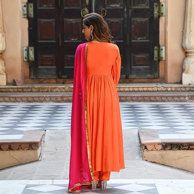 GoSriKi Women's Rayon Blend Anarkali Solid Kurta with Pant & Dupatta - Image 2