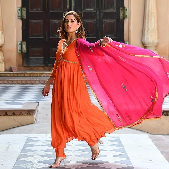 GoSriKi Women's Rayon Blend Anarkali Solid Kurta with Pant & Dupatta - Image 3