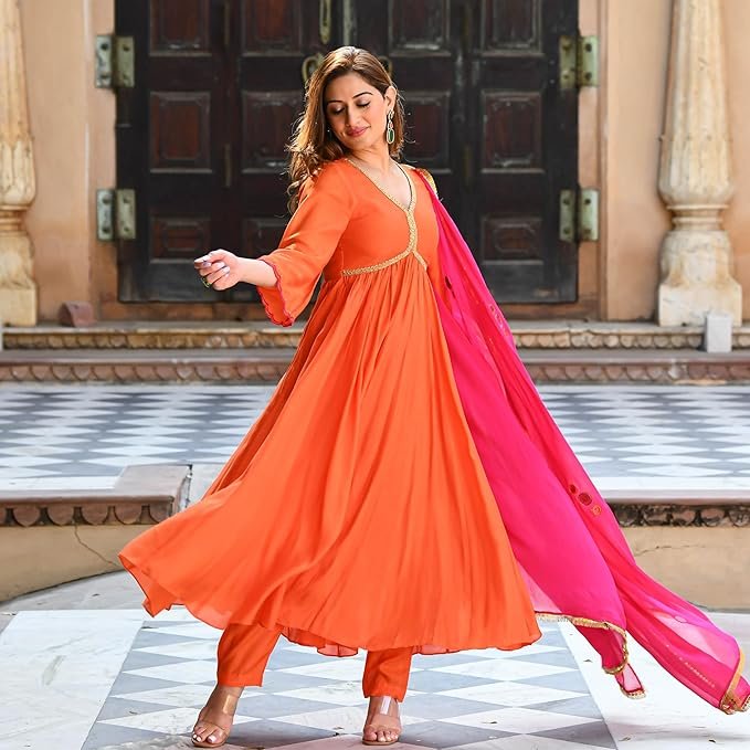 GoSriKi Women's Rayon Blend Anarkali Solid Kurta with Pant & Dupatta - Image 4