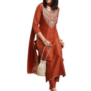 GoSriKi Women's Rayon Blend Straight Embroidered Kurta with Pant & Dupatta