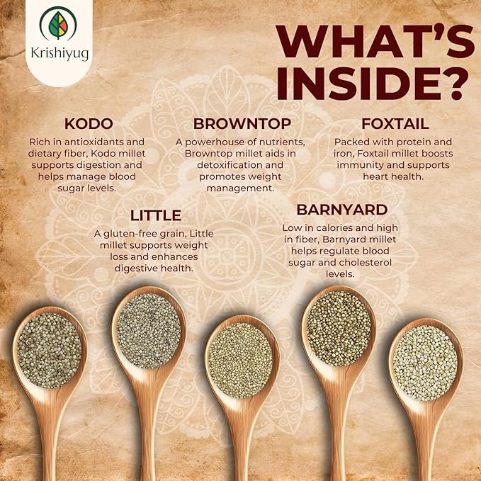 Krishiyug Unpolished 5 Millets Combo Pack of Little Millet, Kodo, Foxtail, Barnyard and Browntop Millet 1Kg each (Pack of 5) - Image 2