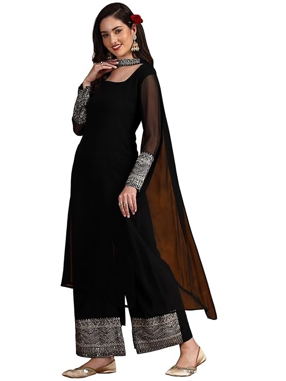 EthnicJunction Women's Georgette Sequine Lace Work Kurta Palazzo and Dupatta Set - Image 2