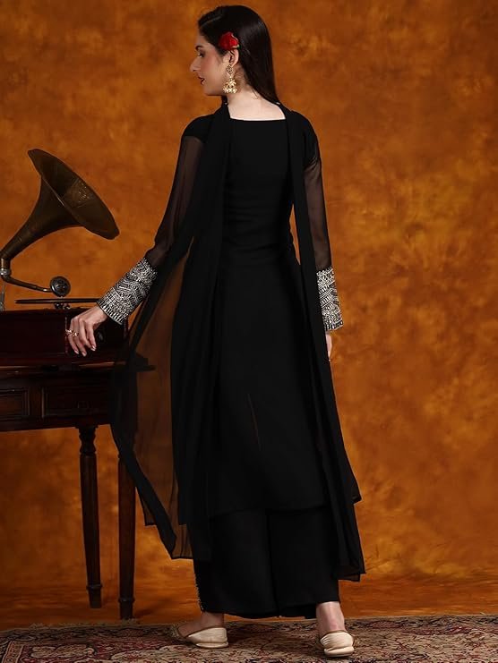 EthnicJunction Women's Georgette Sequine Lace Work Kurta Palazzo and Dupatta Set - Image 4