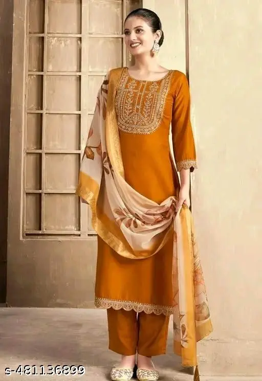 FANCY REYON SLUB KURTA SET WITH DUPATTA - Image 3