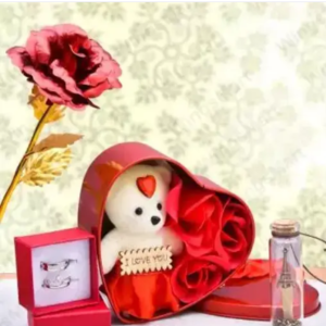 GIFTLOK Valentine's Day Combo Gift Of Gold Plated Rose, Teddy, Heart Box And Couple Ring Gift