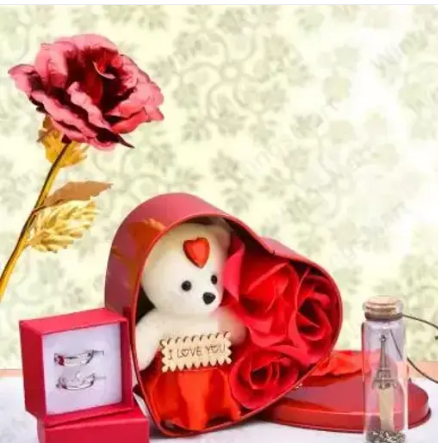 GIFTLOK Valentine's Day Combo Gift Of Gold Plated Rose, Teddy, Heart Box And Couple Ring Gift