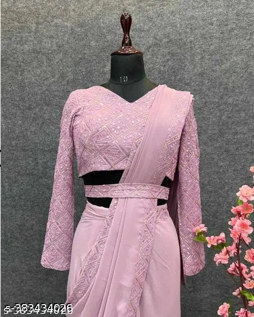 Georgette Latest Festival Collection Saree With Attached Belt And Blouse,Ethnic Party Traditional Designer Ready To Wear Sari For Women's - Image 3