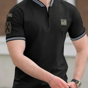 Men's Flag Print Golf Shirt, Casual Breathable Comfy Stand Collar Half Zipper Short Sleeve Shirt For Outdoor