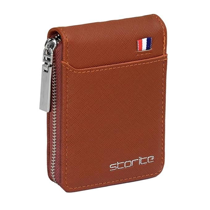 Storite PU Leather 9 Slot Vertical Money Wallet Zipper Coin Purse for Men Women - Light brown