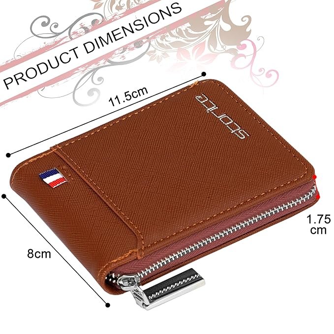 Storite PU Leather 9 Slot Vertical Money Wallet Zipper Coin Purse for Men Women - Light brown - Image 2