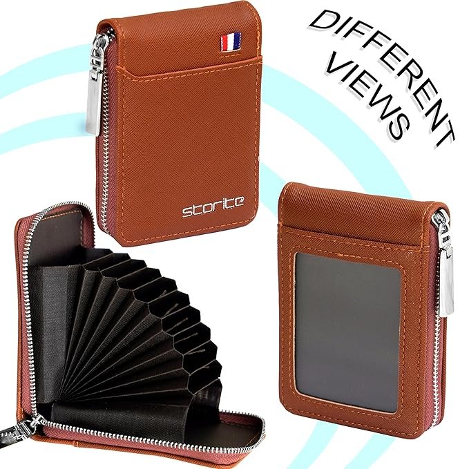 Storite PU Leather 9 Slot Vertical Money Wallet Zipper Coin Purse for Men Women - Light brown - Image 3