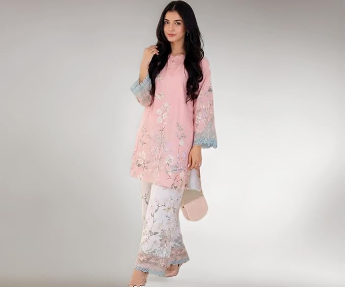 Women Floral Printed Kurta Palazzo Co-Ord Set | Pastel Pink | V-Neck | 3/4 Bell Sleeves | Regular Fit | Ethnic Printed Kurta Pant Set | Coloe (pink-cord-set)